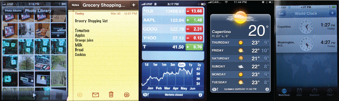 iPhone OS 1 Camera Roll, Notes app, Stocks app, Weather app, and World Clock (2007)